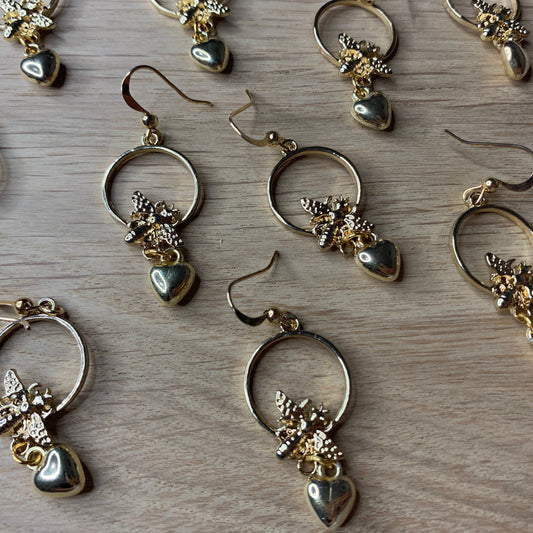 Gold Bee Dangle Drop Earrings with Heart Charm - Lxyclr Authentic