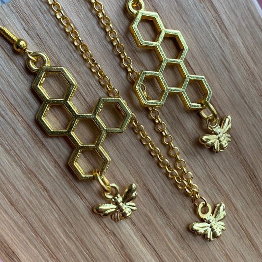 Gold Honeycomb and Bee Dangle Drop Earrings - Lxyclr Authentic