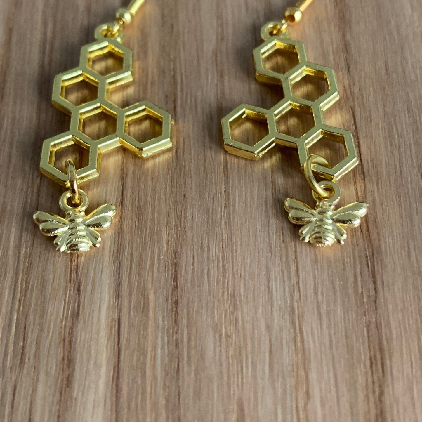 Gold Honeycomb and Bee Dangle Drop Earrings - Lxyclr Authentic