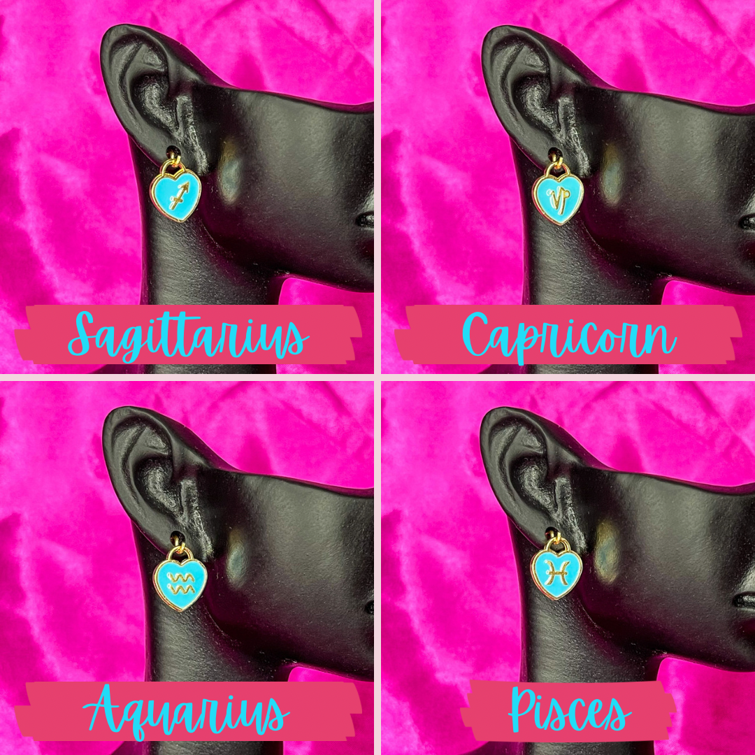 Blue Zodiac Heart Charm Earrings - Lxyclr Authentic