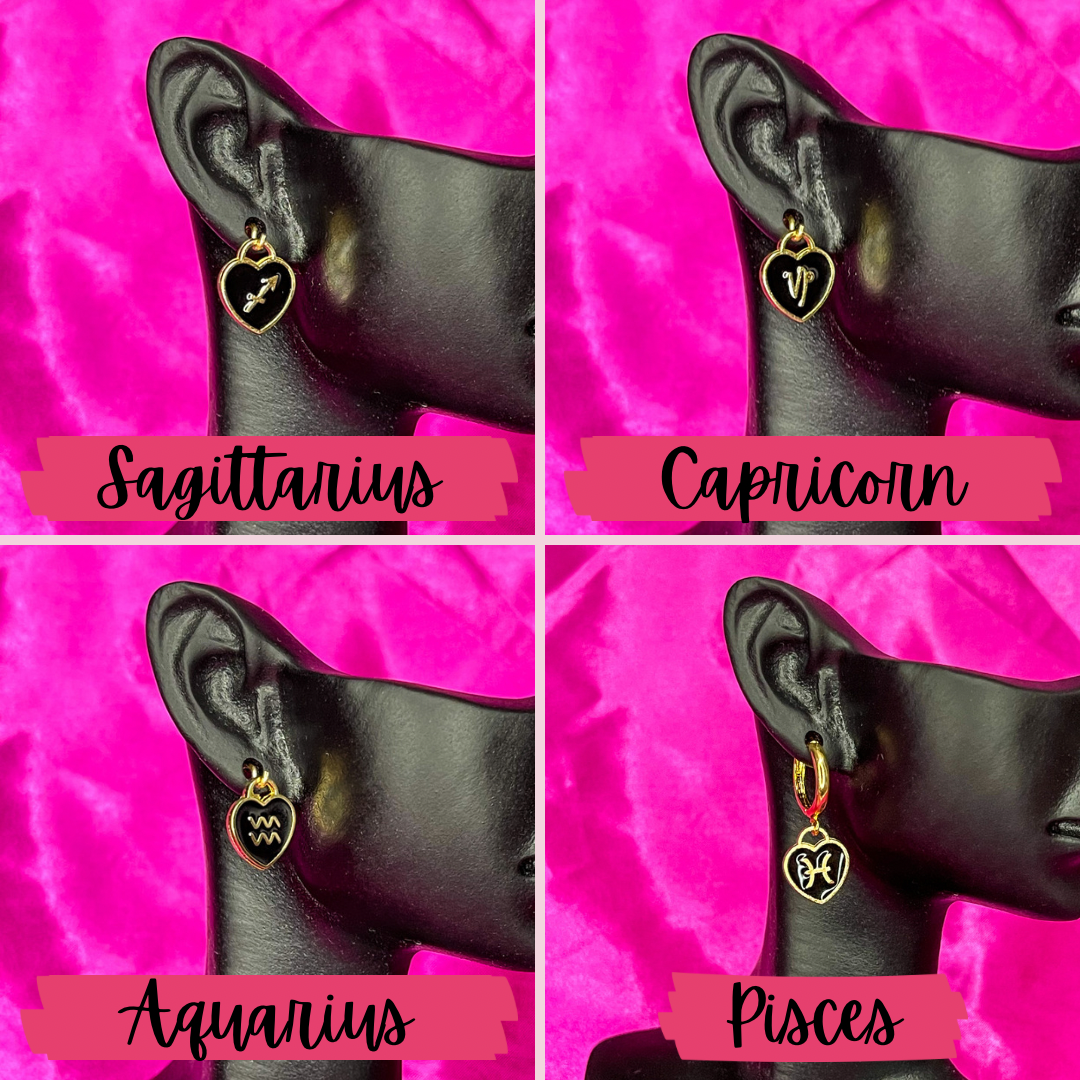 Black Zodiac Heart Charm Earrings - Lxyclr Authentic