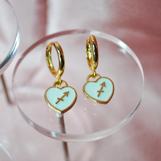White Zodiac Heart Charm Earrings