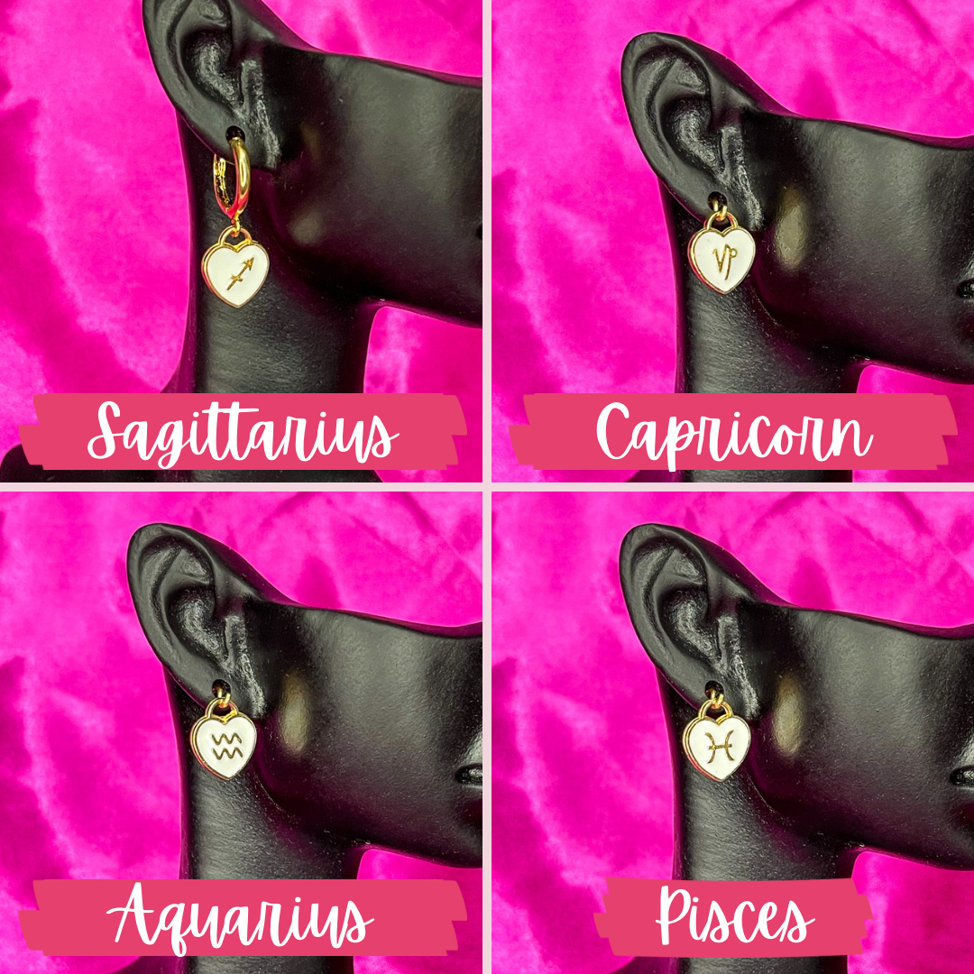 White Zodiac Heart Charm Earrings - Lxyclr Authentic