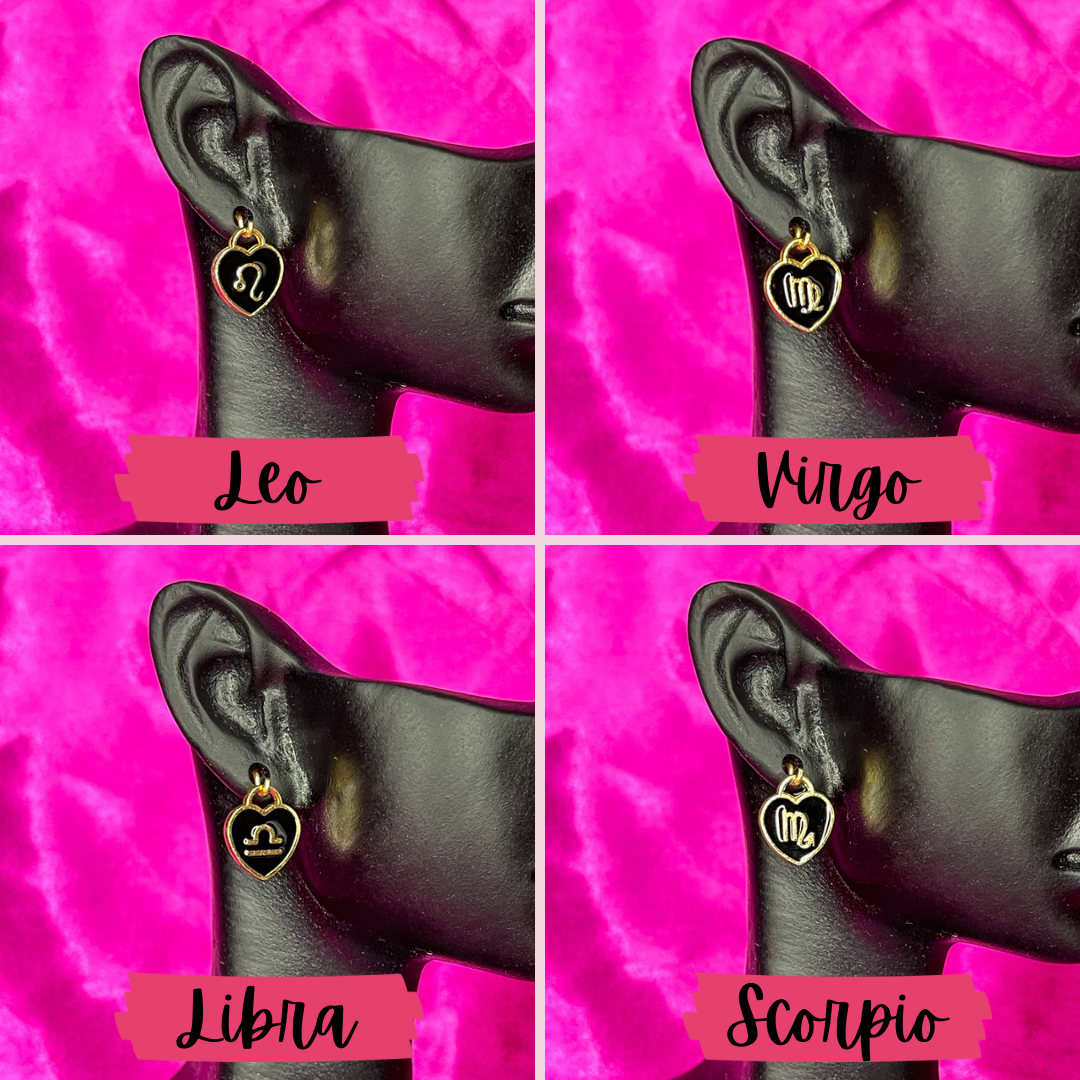 Black Zodiac Heart Charm Earrings - Lxyclr Authentic