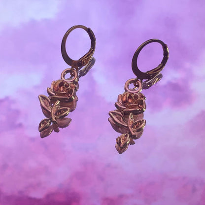 Rose Gold Rose with Stems Flower Earrings - Lxyclr Authentic