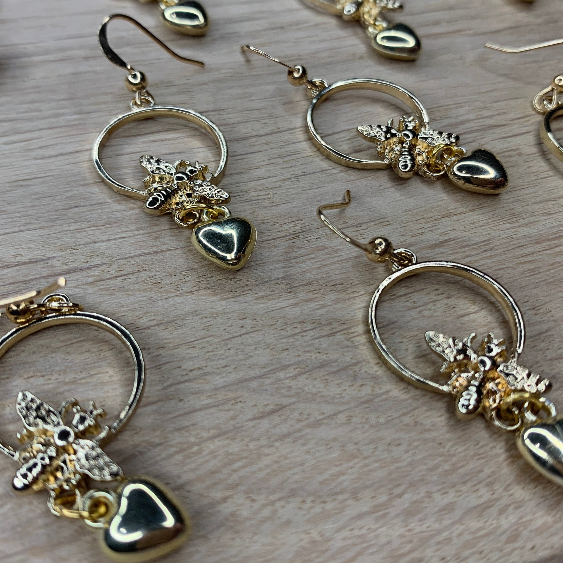Gold Bee Dangle Drop Earrings with Heart Charm - Lxyclr Authentic