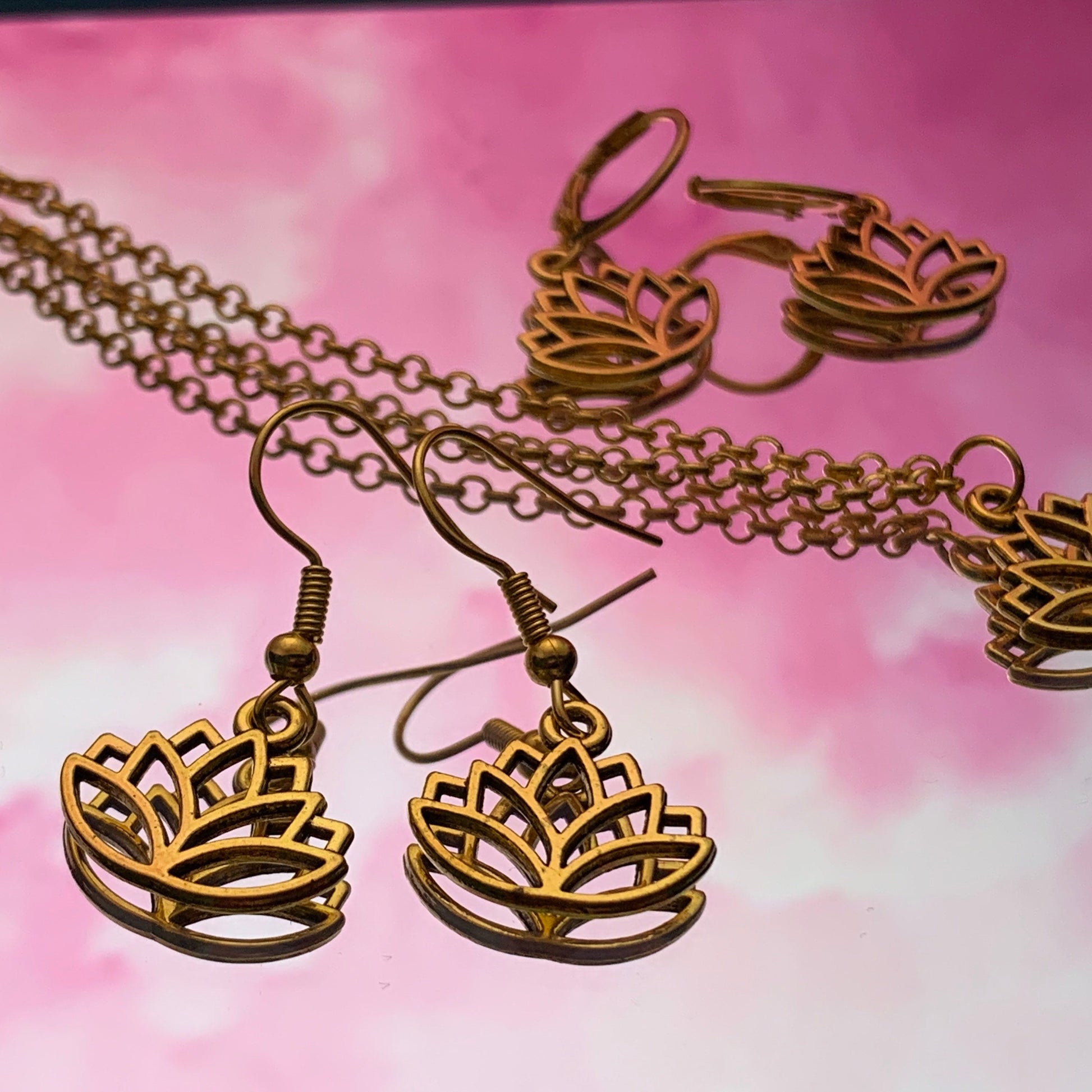 Gold or Silver Lotus Flower Charm Necklace and Earring Set - Lxyclr Authentic