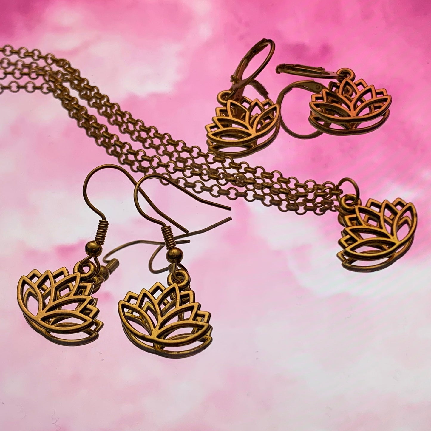 Gold or Silver Lotus Flower Charm Necklace and Earring Set - Lxyclr Authentic