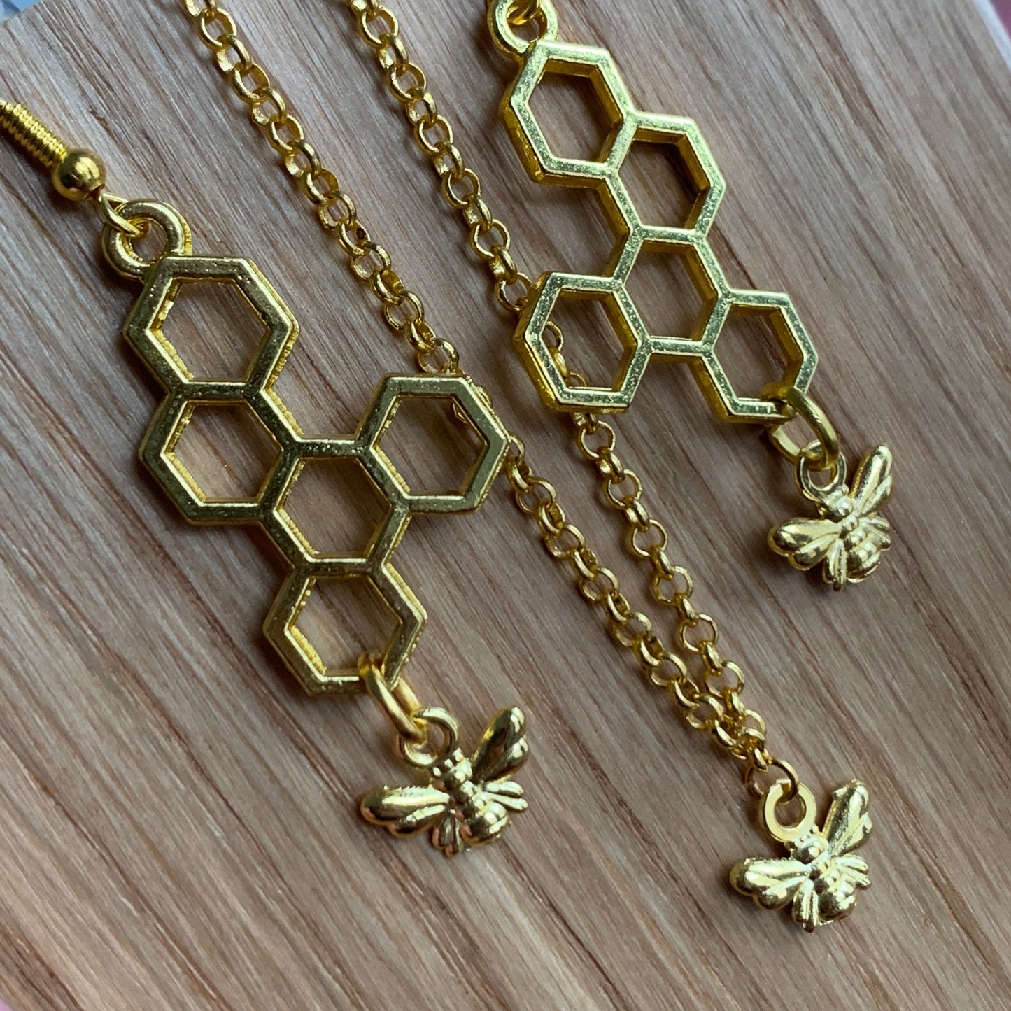 Gold Honeycomb and Bee Dangle Drop Earrings - Lxyclr Authentic