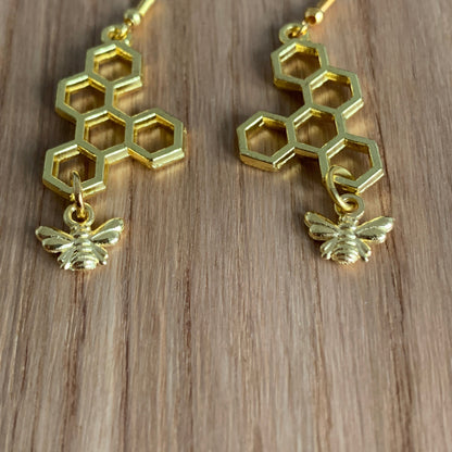 Gold Honeycomb and Bee Dangle Drop Earrings - Lxyclr Authentic