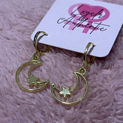 Crescent Moon and Star Huggie Hoop Earrings - Lxyclr Authentic