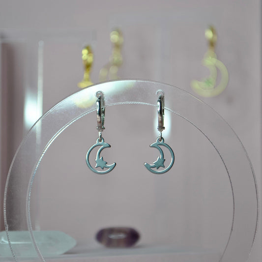 Mini Crescent Moon and Star Huggie Hoops - Lxyclr Authentic