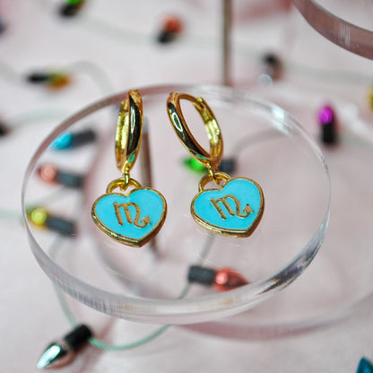 Blue Zodiac Heart Charm Earrings
