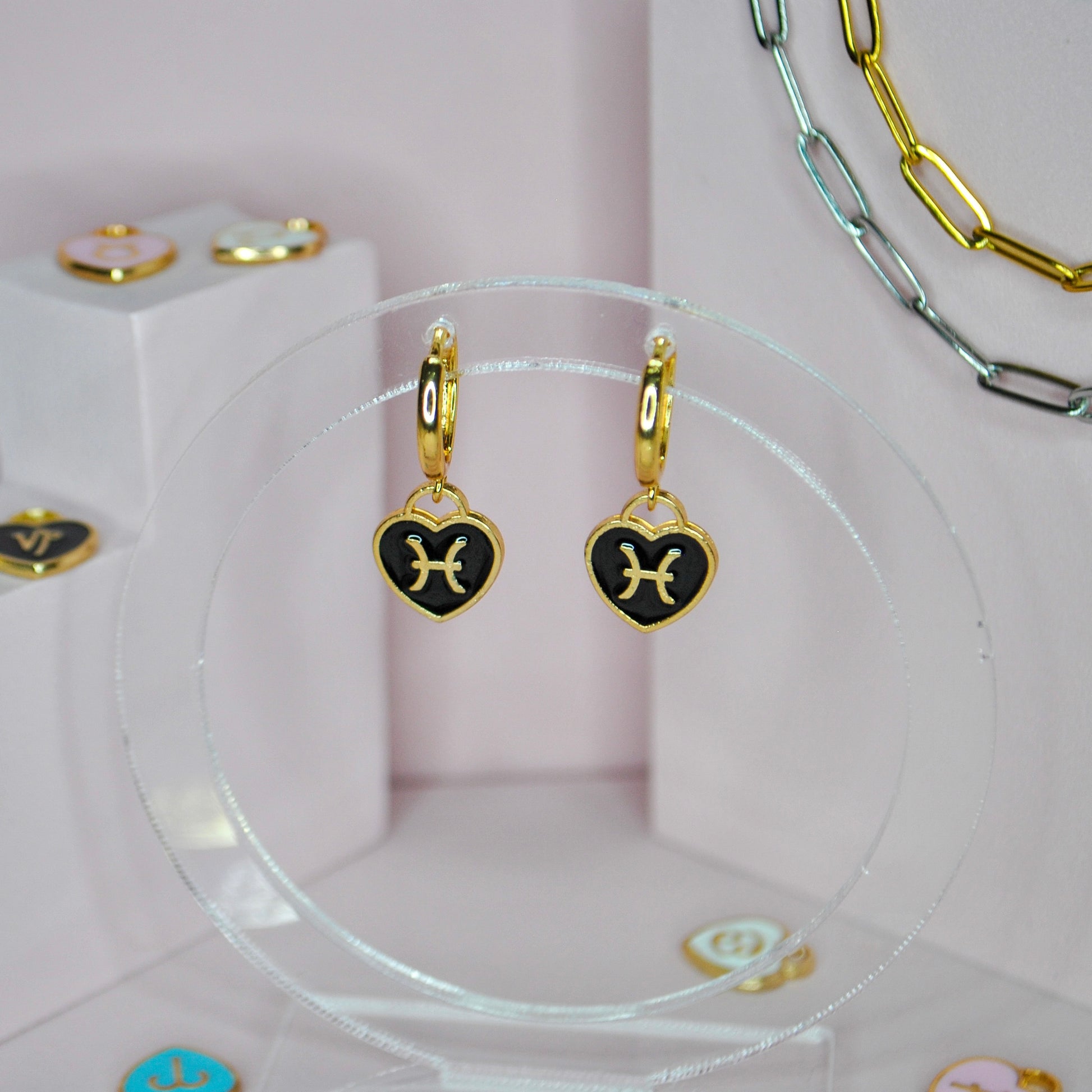 Black Zodiac Heart Charm Earrings - Lxyclr Authentic