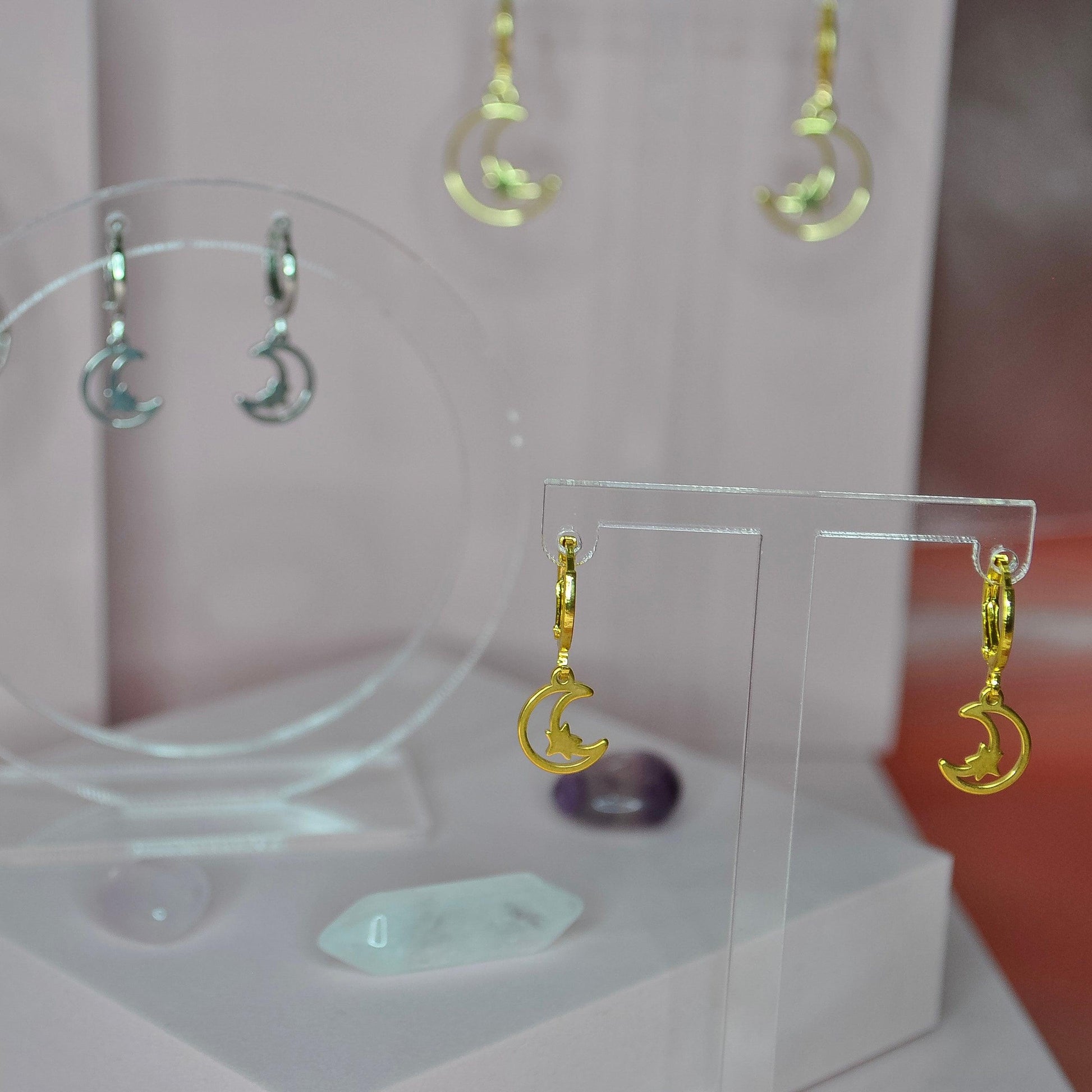 Mini Crescent Moon and Star Huggie Hoops - Lxyclr Authentic