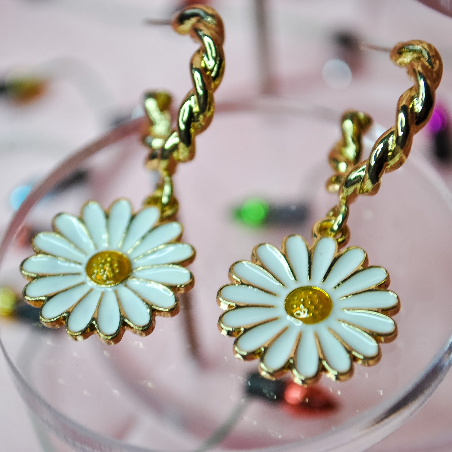 Gold and White Daisy Earrings