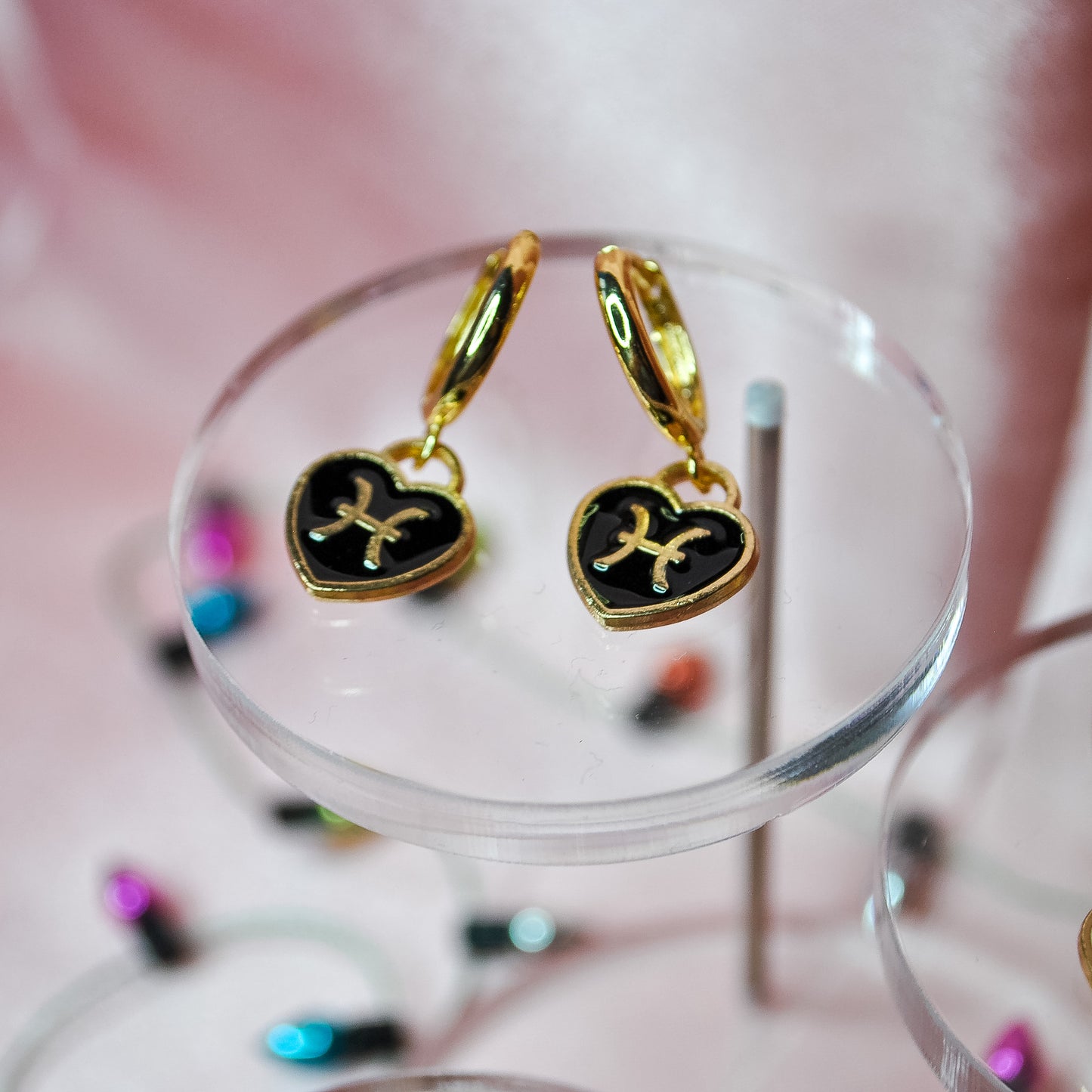 Black Zodiac Heart Charm Earrings
